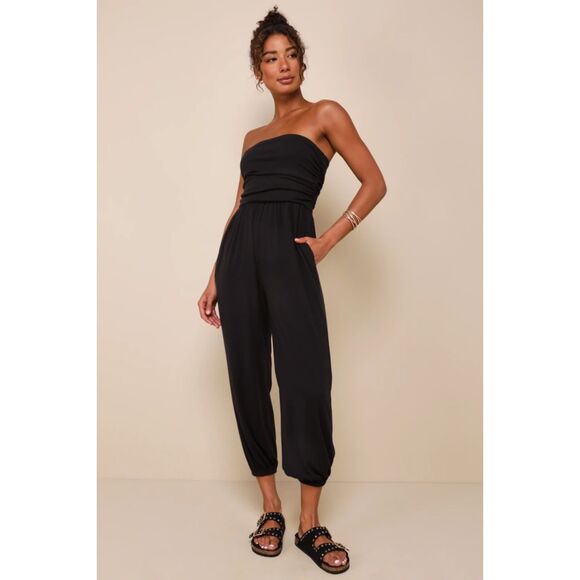 Comfort Black Ruched Strapless Jogger Jumpsuit - Picture 1 of 4